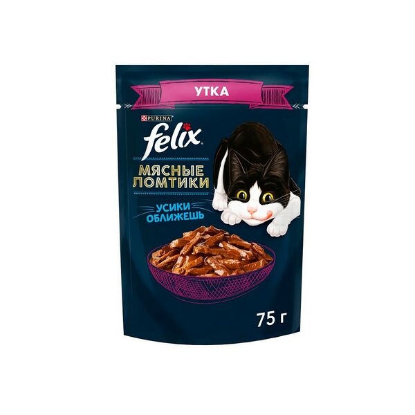 FELIX® Мясные Ломтики. Корм консервированный полнорационный для взрослых кошек, с уткой, Пауч, 75г
