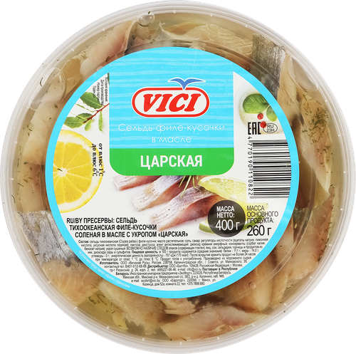 

Сельдь в масле Vici Любо Есть Царская филе-кусочки с укропом 400 г