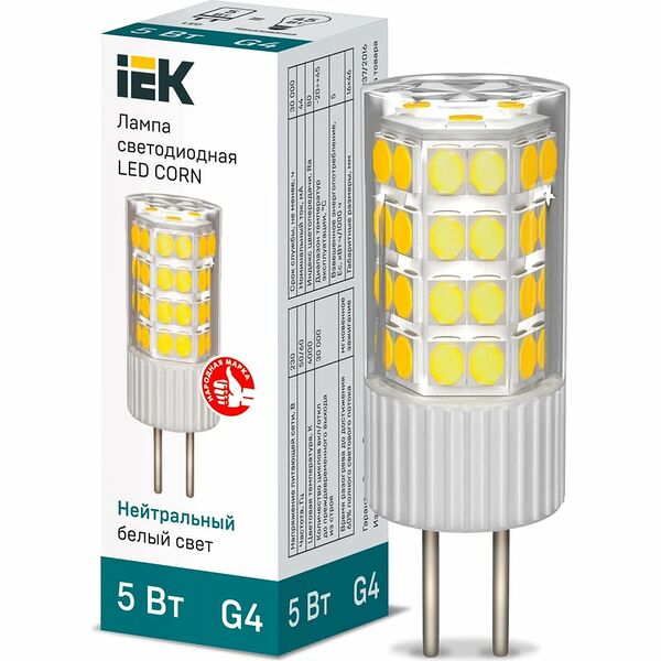 Светодиодная лампа IEK corn капсула 5Вт, 230В, 4000К, керамика, цоколь G4 арт. LLE-CORN-5-230-40-G4