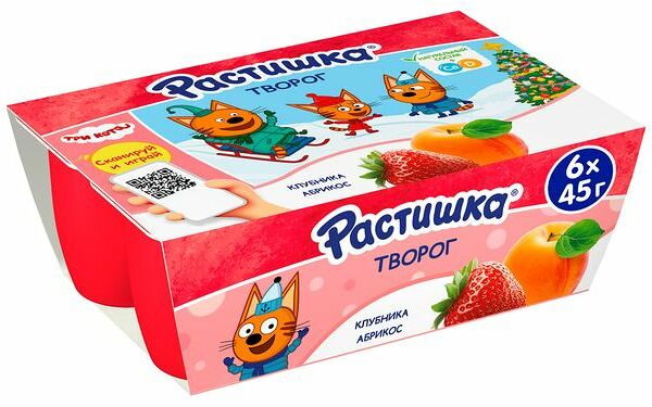 Творог детский Растишка Клубника-абрикос обогащенный кальцием и витамином Д мягкий 3.5% 6шт. х 45 г