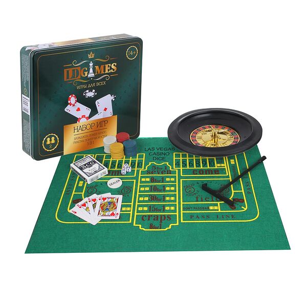 Ldgames набор игр 5в1 (блэкджек, покер, крэпс, рулетка, покер на костях) 7,25х32х28см, в метал.короб