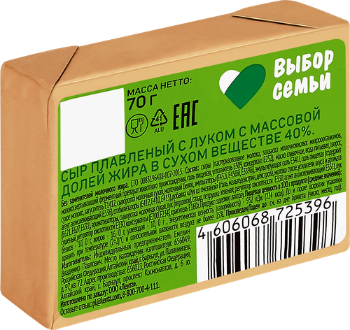 

Сыр плавленый Выбор семьи с луком 40% 70 г