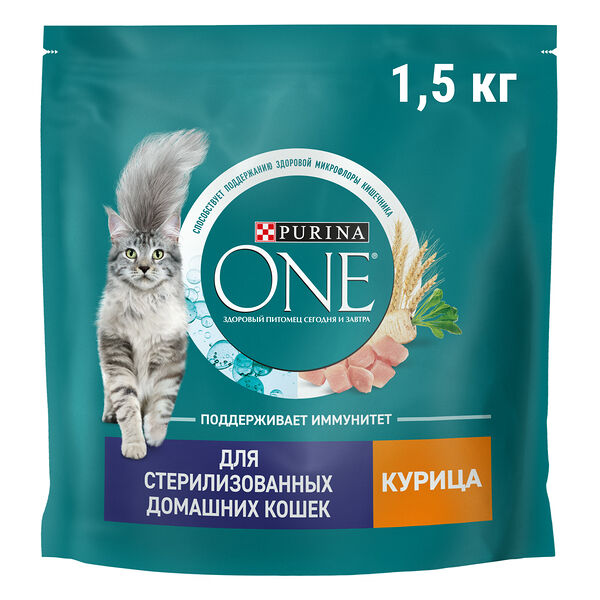 Сухой корм Purina ONE полнорационный для стерилизованных домашних кошек, с высоким содержанием курицы, 1,5 кг