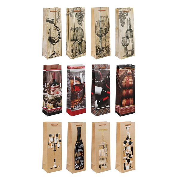 Пакет подарочный для бутылки, высококачественная бумага, 12х35х9см, 12 дизайнов
