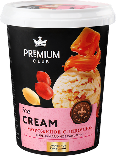 Мороженое Premium Club Сливочное, жареный арахис в карамели 8%, без змж, ведерко