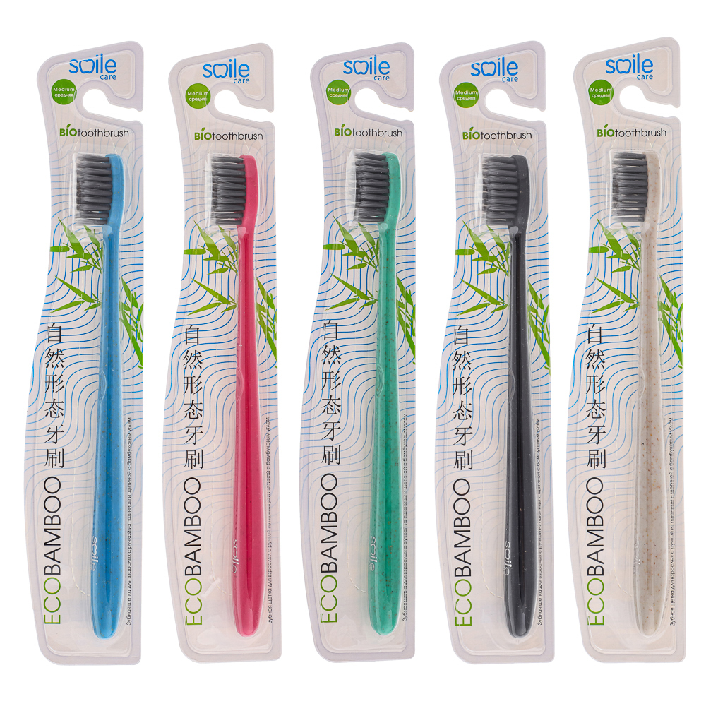 

Зубная щетка Smile Care Eco Bamboo из бамбука угольная средней жесткости, 1 шт, цвет в ассортименте