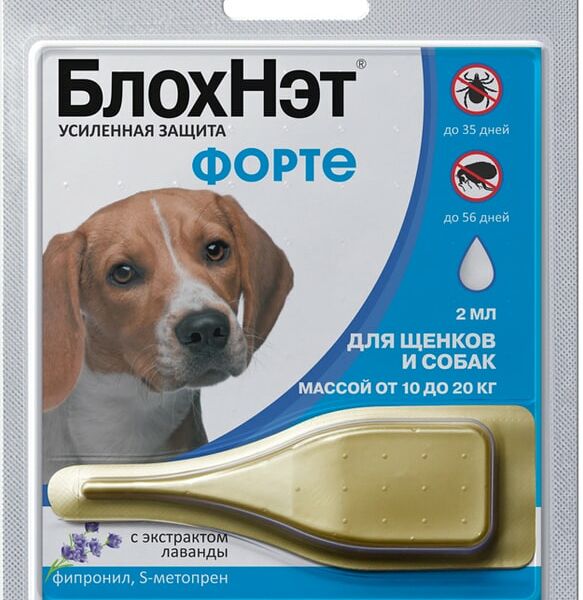 Капли для щенков и собак БлохНэт Форте от 10 до 20кг на холку от блох и клещей 2мл