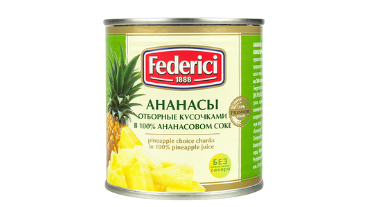 Ананасы Federici отборные кусочками в ананасовом соке, 435 мл