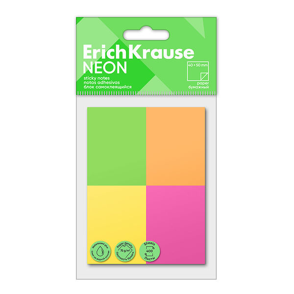Блок бумажный Erich Krause Neon самоклеящийся ассорти 40 x 50 мм 4 цвета, 400 л