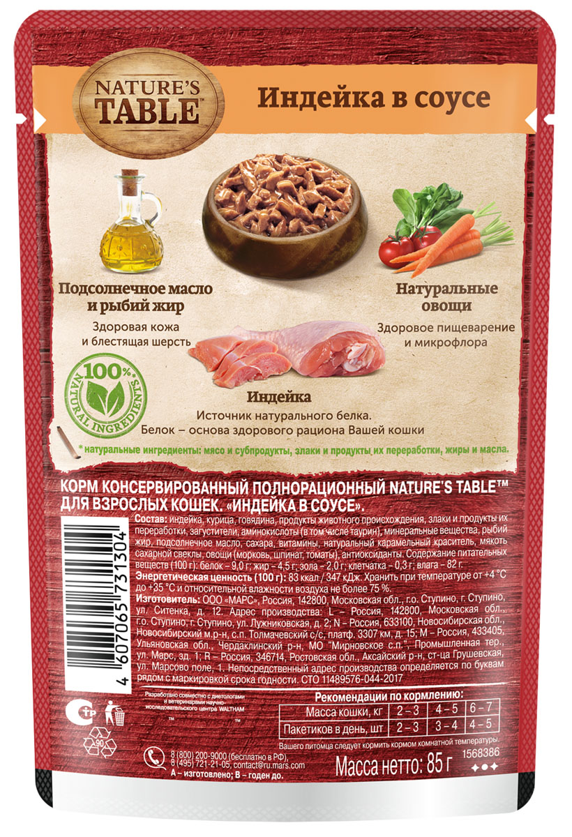 

Влажный корм для кошек Nature’s Table Индейка в соусе 85 г