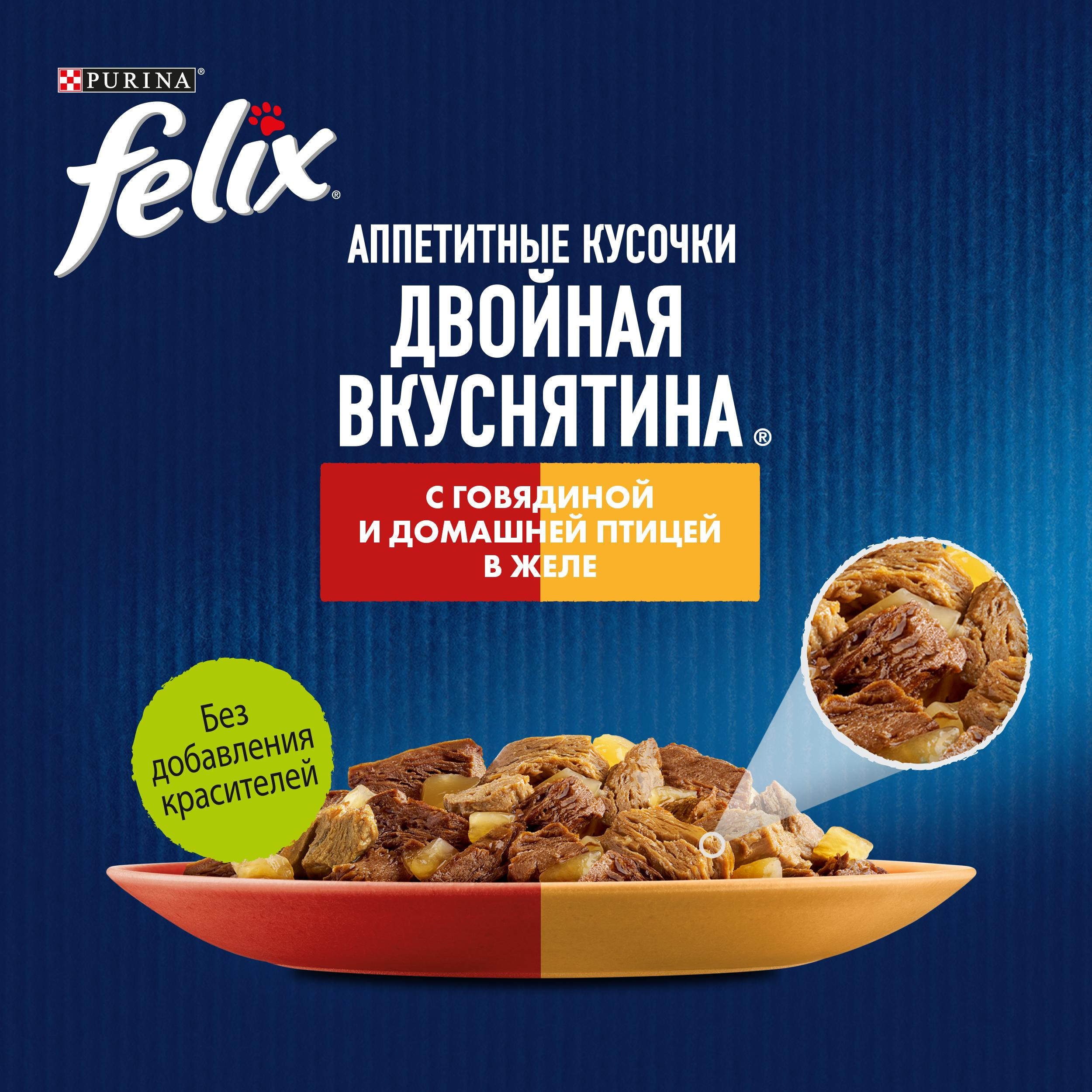 

Влажный корм для взрослых кошек Felix Аппетитные кусочки Двойная вкуснятина с говядиной и домашней птицей в желе 75 г