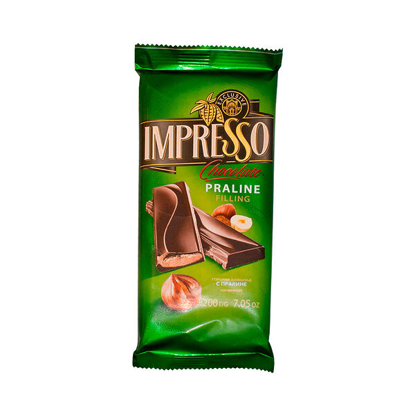 Шоколад ИМПРЕССО горький с начинкой пралине флоу пак вес 200г Спартак