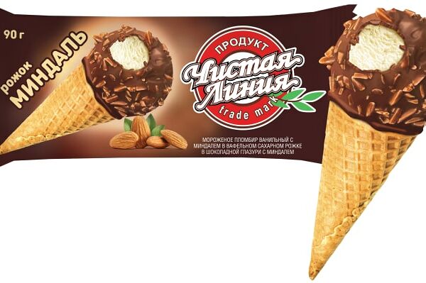 Мороженое Чистая Линия Пломбир ванильный с миндалем в рожке 12% 90г