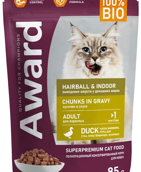 Влажный корм для кошек Award Hairball & Indoor для выведения шерсти кусочки в соусе с уткой 85г