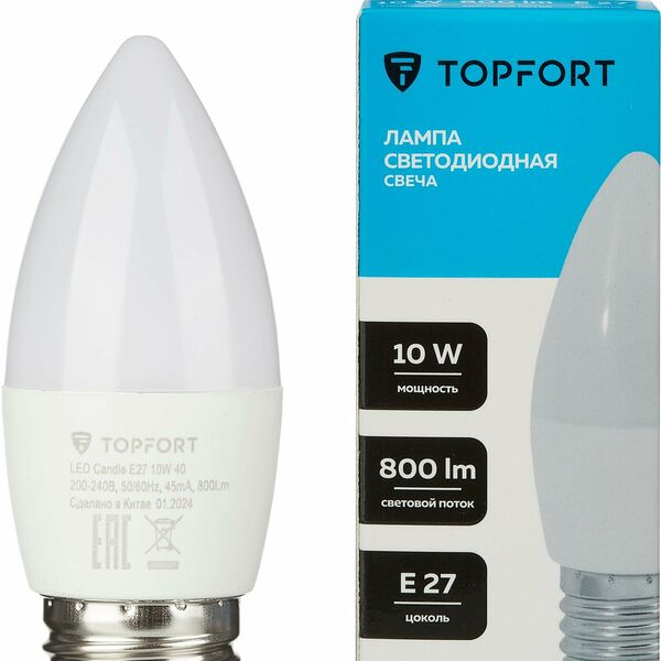 Лампочка светодиодная E27 TOPFORT, 10 Вт, 4000K, свеча