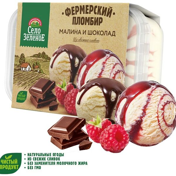 Мороженое Село Зеленое Пломбир фермерский Малина и Шоколад 15% 450г