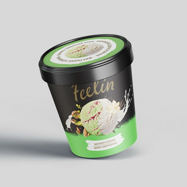 Мороженое Пломбир FEELIN двухсл с аром фисташки и ванилина и с нап Клубника и Заварной крем 12% 160г