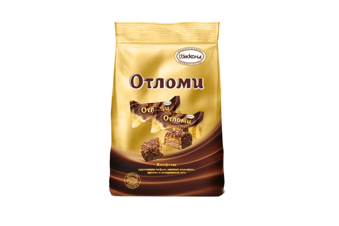 

Конфеты оригинальные Отломи Акконд с хрустящими вафлями, мягкой карамелью, арахисом и воздушным рисом 360 г