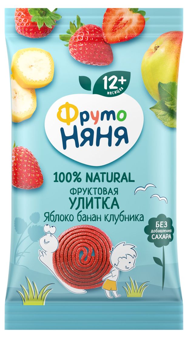 

Кусочки фруктовые ФрутоНяня Улитка с яблоком клубникой и бананом без сахара с 12 месяцев 15 г