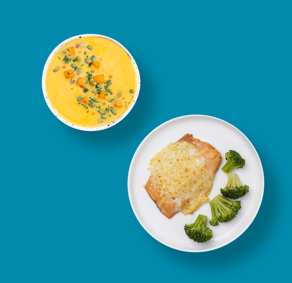 

Ланч Суп-пюре из тыквы с семечками 270 г + Горбуша филе-кусок без кожи под сырной шапкой «Азбука Life» 195 г