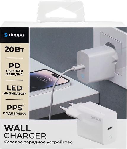 Сетевое зарядное устройство DEPPA сетевое USB Type-C, Power Delivery, 20Вт, белый