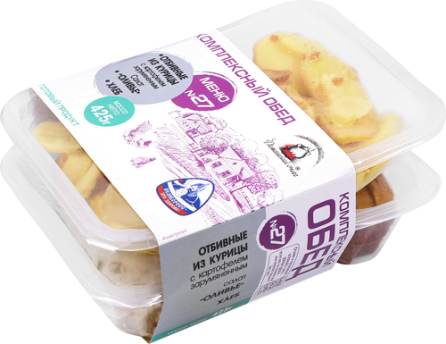 

Комплексный обед Домашний Очаг №27 отбивные из курицы, картофель зарумяненный, салат оливье, хлеб 425 г