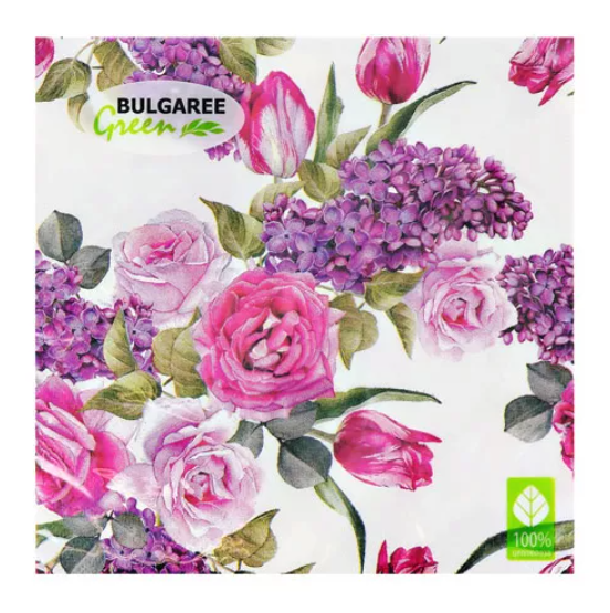 

Салфетки бумажные Bulgaree Green трехслойные Цветочный вальс 20 шт.