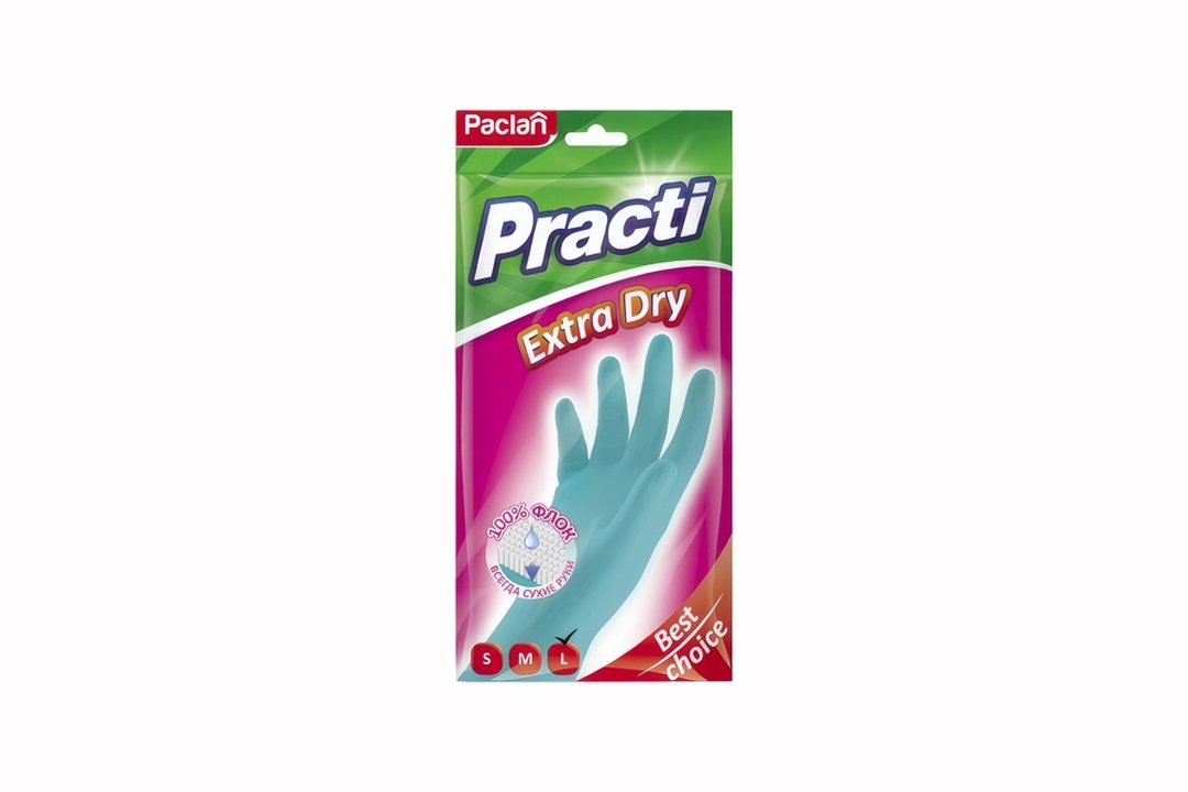 

Перчатки резиновые Paclan Practi Extra Dry с флокированным покрытие размер L, 1 пара