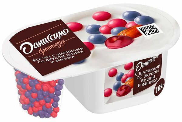 Йогурт Даниссимо с шариками со вкусом Вишни и финика 6,9% 105г