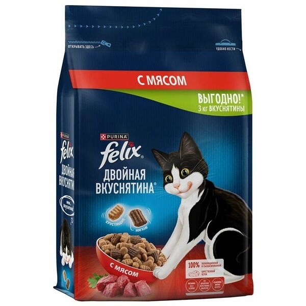 Сухой корм Felix Двойная Вкуснятина для взрослых кошек, с мясом, пакет, 3 кг