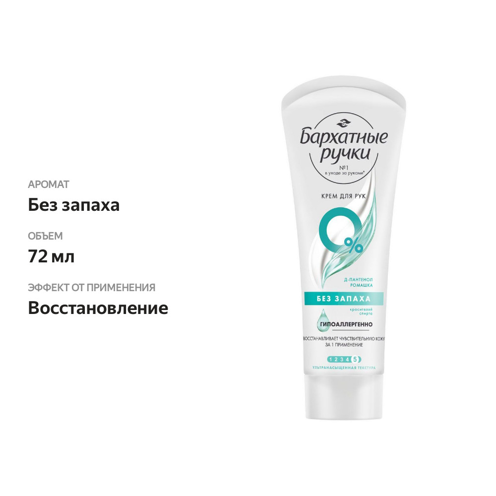 

Крем для рук Бархатные ручки Без запаха с д-пантенолом гипоаллергенный 72 мл