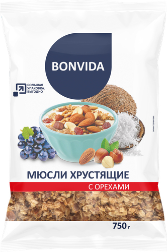 

Мюсли хрустящие Bonvida с орехами, 750 г
