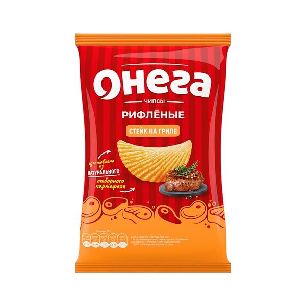 Чипсы рифленые из сырого картофеля Онега со вкусом стейка на гриле 
