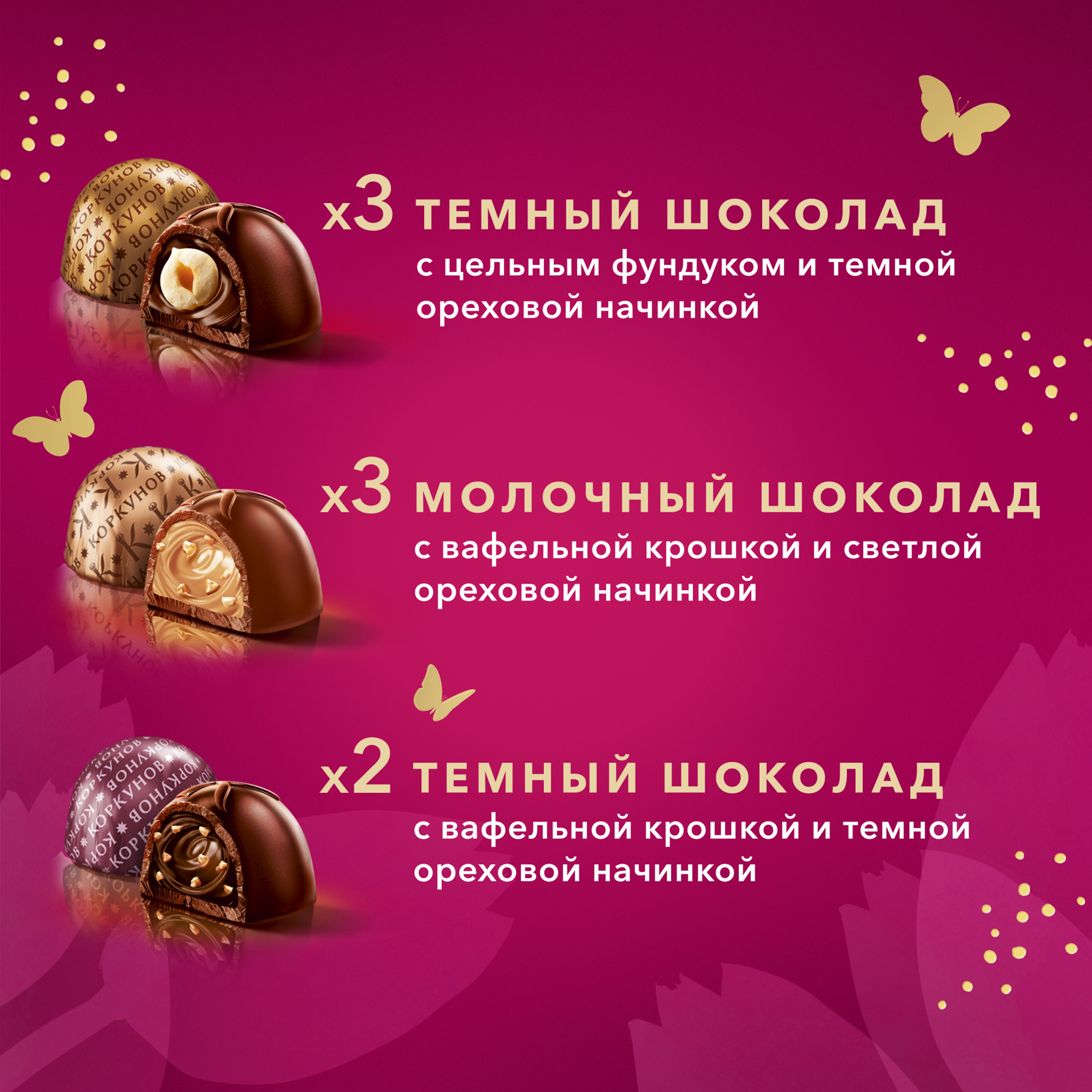 

Большая коллекция шоколадных конфет Коркунов из темного и молочного шоколада с фундуком, карамелизированными грецким орехом, миндалем и вафельной крошкой, 256 г