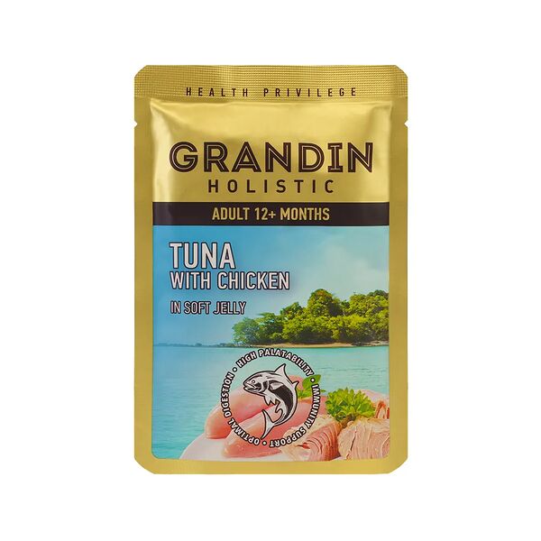 Влажный корм Grandin для взрослых кошек тунец с курицей в нежном желе 85 г