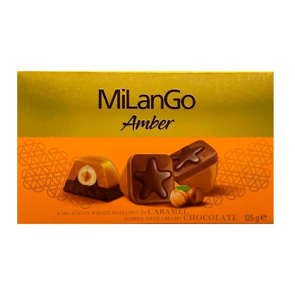 

Конфеты Milango Amber с фундуком карамелью нугой и молочным шоколадом 125 г