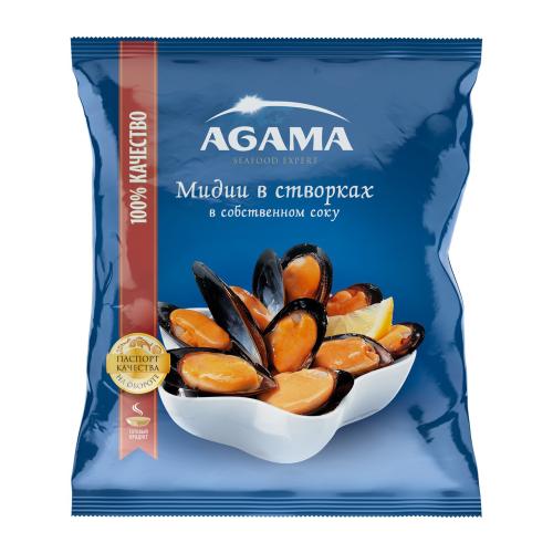 

Мидии в створках Agama в собственном соку варёно-мороженые 450 г