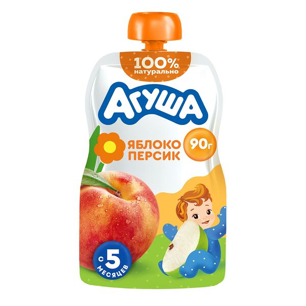 Детское фруктовое пюре Агуша Яблоко, персик с 5 месяцев 90 г