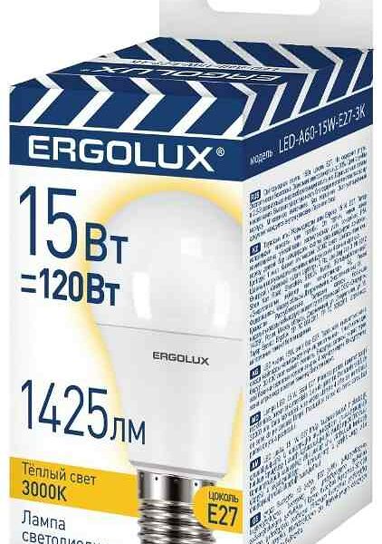Лампа светодиодная Ergolux Е27 тёплый свет, груша, 15Вт