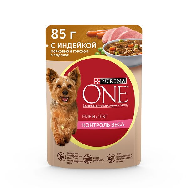 Влажный корм Purina One Мини Контроль веса для взрослых собак мелких пород с низкой физической активностью или склонных к набору веса, с индейкой, морковью и горохом в подливе 85 г