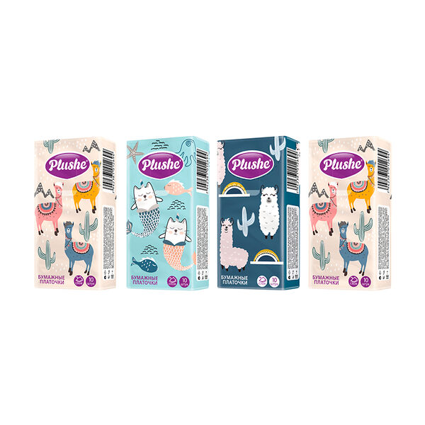Платочки бумажные, Plushe, 10 шт., в ассортименте