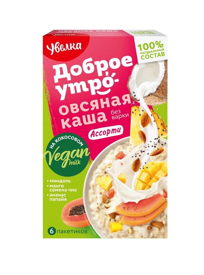 

Каша овсяная Увелка Ассорти на основе кокосового напитка 6x40 г
