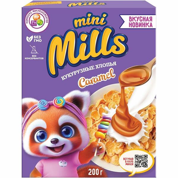 Хлопья Mini Mills кукурузные карамельные обогащённые витаминами и железом 200 г