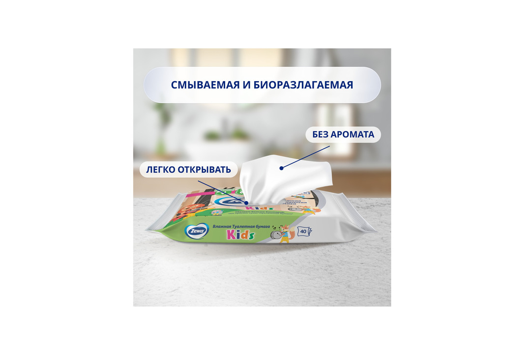 

Влажная туалетная бумага Zewa Kids детская без аромата 40 шт.