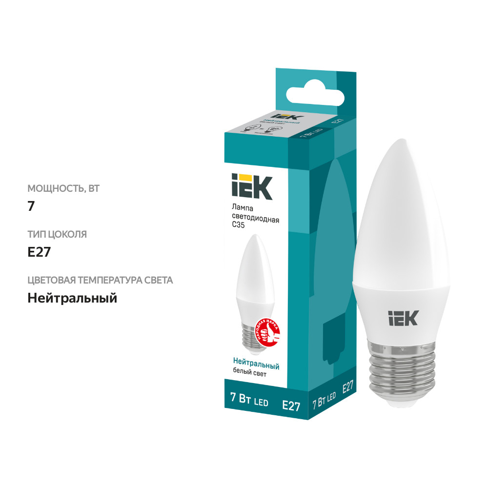 

Лампа светодиодная IEK LED C35, 7Вт, 230В, 4000К, E27, свеча
