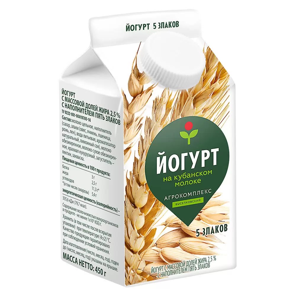 

Йогурт Агрокомплекс Пять Злаков с наполнителем 2.5% 450 г