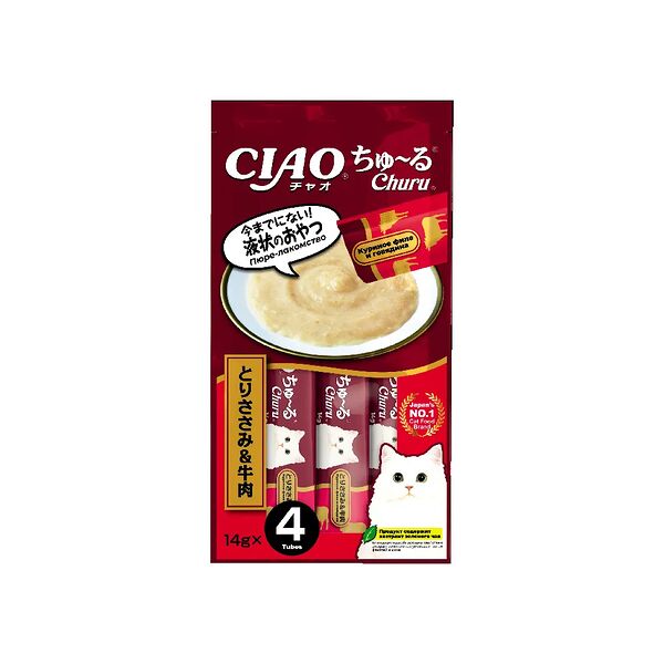 Лакомство-пюре для кошек Inaba Ciao Churu Куриное филе и говядина, 14 г х 4 шт