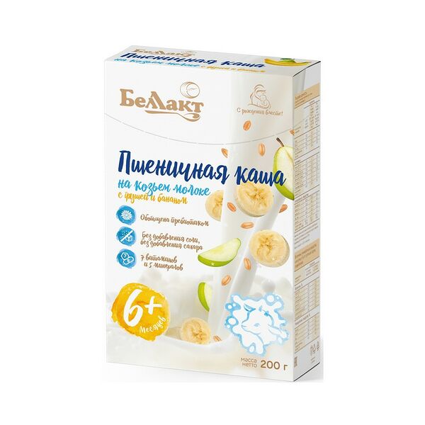 Каша молочная Беллакт б/р пшеничная на козьем мол с грушей и бан обог вит мин 200г ДП