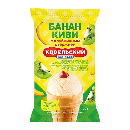 

Мороженое Карельский Стандарт с ароматом банана с наполнителем клубника и киви 12% 70 г