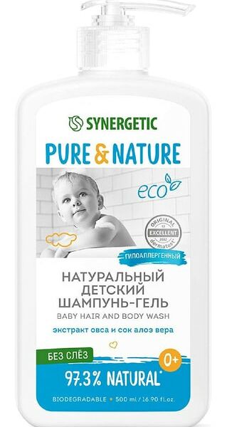 Шампунь-гель Synergetic Без слез гипоаллергенный для волос и тела детский 0+ 500 мл